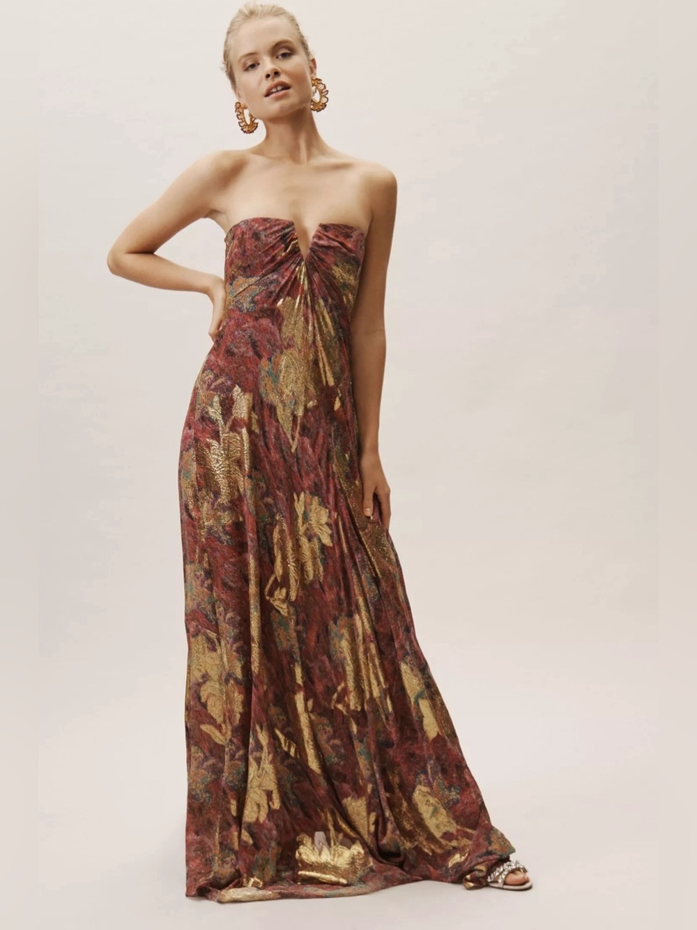 Anthropologie x BHLDN Nicole Miller Nea Embroidered Metallic Maxi Silk Dress